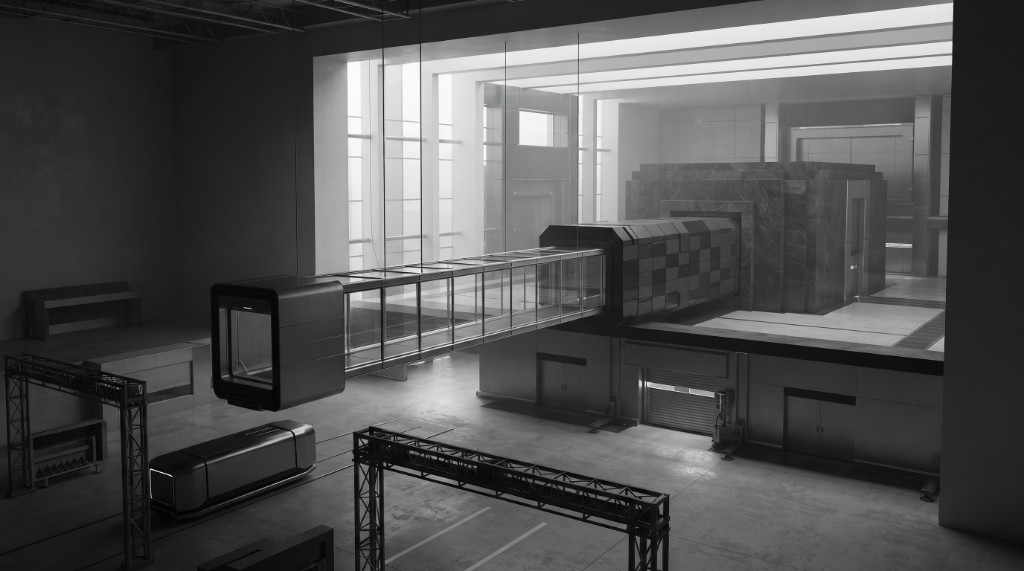 A suspended walkway leading from a dark staging floor to a brightly lit secure chamber — the path of a governed operation