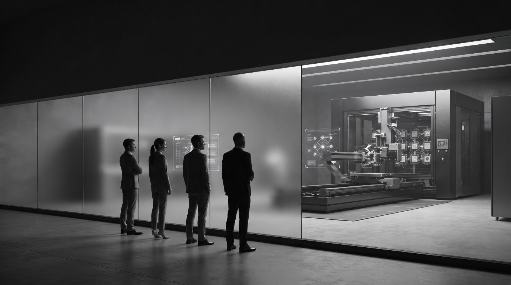 Professionals observing a constrained automated process through a glass boundary — approval without unrestricted execution
