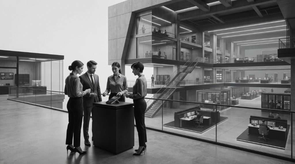 A team gathered at a control station inside a multi-level facility — access alone is not an operating model