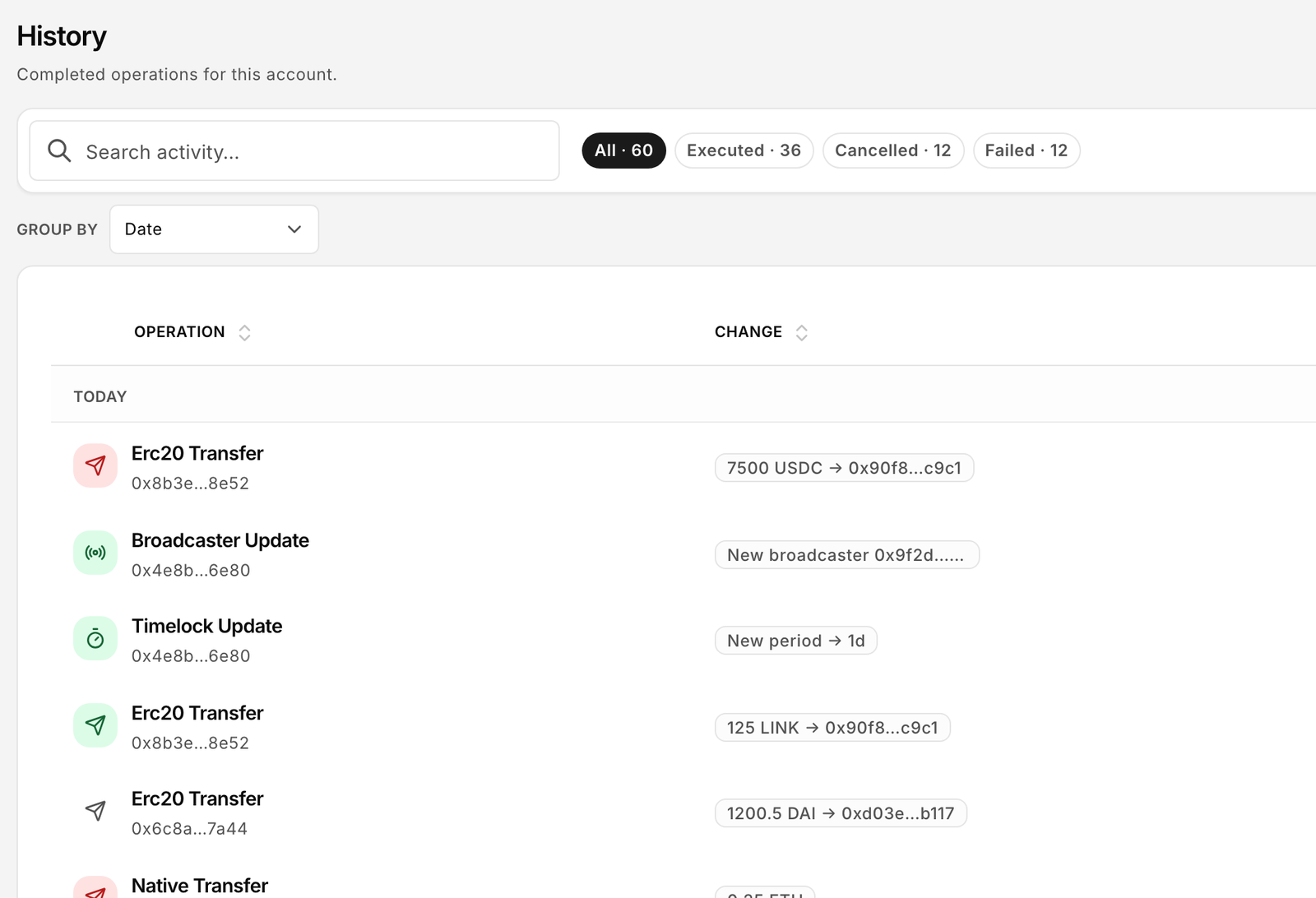 The History page: completed operations with their changes and whether each executed, failed or was cancelled.