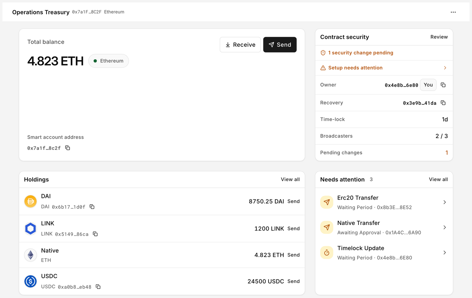 Bloxchain Platform account overview: total balance, contract security with one change pending, holdings, and three operations that need attention.
